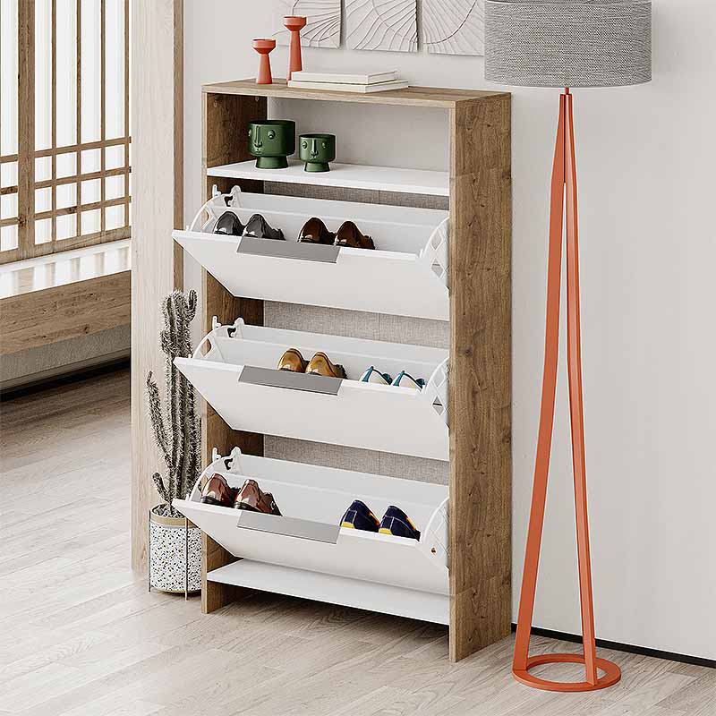 Shoe Rack TORFU in white and light brown, dimensions 78x28x139cm, showcasing its stylish design and sturdy construction.